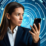 A focused, professional woman in a crisp business blazer, looking thoughtfully at a modern smartphone in her hand. The background is a dynamic, abstract digital landscape with swirling data streams and subtle, stylized shield icons protecting the phone. Elements of secure networks and warning signs (like a stylized "phishing" icon fading away) are subtly integrated into the digital background. Photorealistic, high detail, sharp focus, professional studio lighting, perfect anatomy, correct proportions, natural pose, well-formed hands, proper finger count, natural body proportions, safe for work, appropriate content, fully clothed, professional, family-friendly.