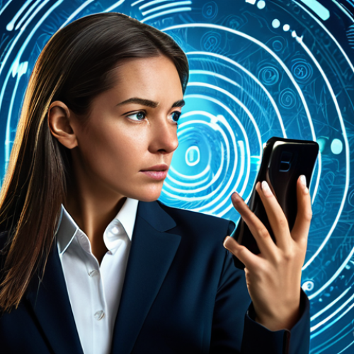 A focused, professional woman in a crisp business blazer, looking thoughtfully at a modern smartphone in her hand. The background is a dynamic, abstract digital landscape with swirling data streams and subtle, stylized shield icons protecting the phone. Elements of secure networks and warning signs (like a stylized "phishing" icon fading away) are subtly integrated into the digital background. Photorealistic, high detail, sharp focus, professional studio lighting, perfect anatomy, correct proportions, natural pose, well-formed hands, proper finger count, natural body proportions, safe for work, appropriate content, fully clothed, professional, family-friendly.