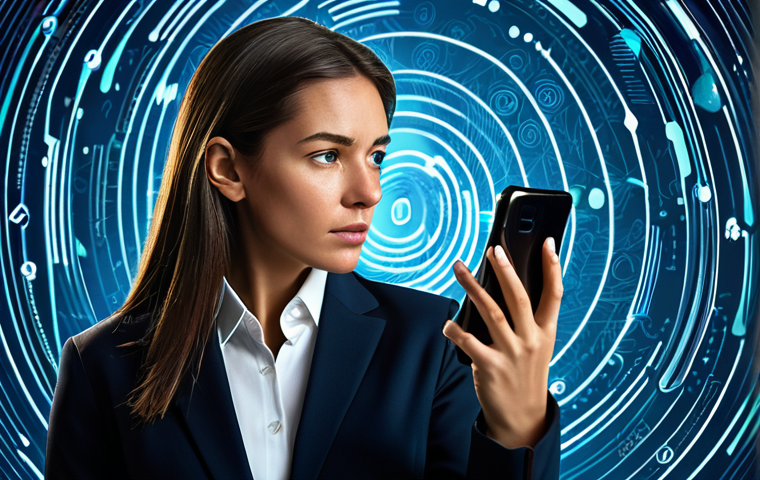 A focused, professional woman in a crisp business blazer, looking thoughtfully at a modern smartphone in her hand. The background is a dynamic, abstract digital landscape with swirling data streams and subtle, stylized shield icons protecting the phone. Elements of secure networks and warning signs (like a stylized "phishing" icon fading away) are subtly integrated into the digital background. Photorealistic, high detail, sharp focus, professional studio lighting, perfect anatomy, correct proportions, natural pose, well-formed hands, proper finger count, natural body proportions, safe for work, appropriate content, fully clothed, professional, family-friendly.